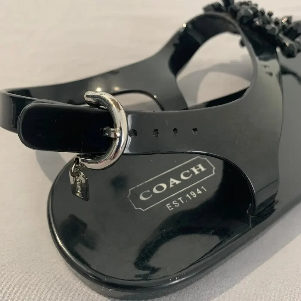 Coach Black Jelly Thong Sandals Crystal Flower Embellished Size 10B